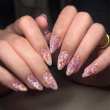 Uñas postizas con estampado de mármol, manicura fresca de verano con flores, almendra corta, ¡venta al por mayor! 365nails