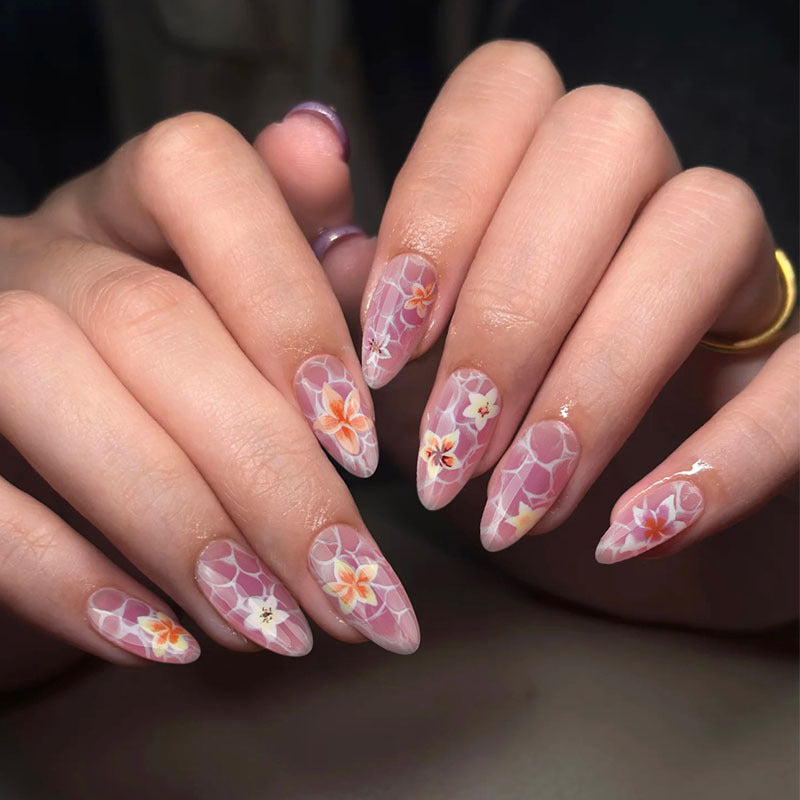 Uñas postizas con estampado de mármol, manicura fresca de verano con flores, almendra corta, ¡venta al por mayor! 365nails