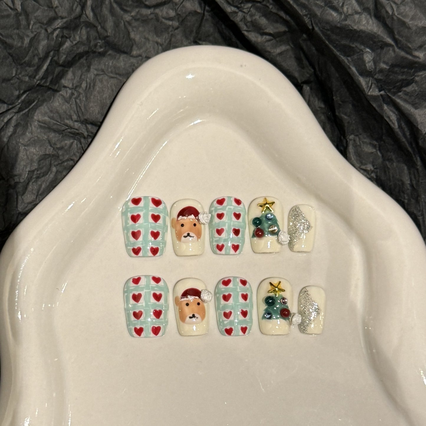 Plaid Heart & Santa Christmas Press‑On Nails – Mint Green and Red Short Design
