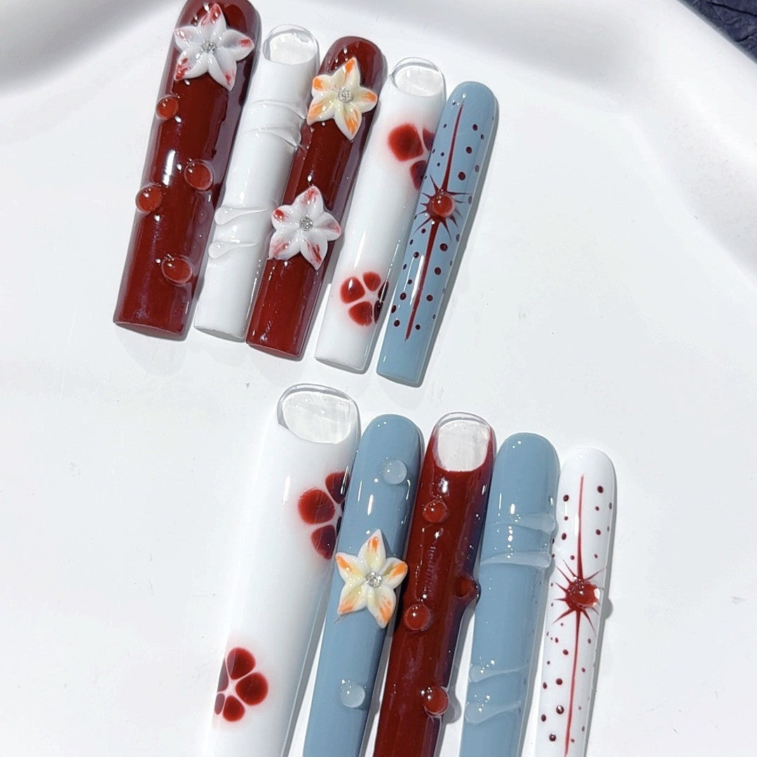 Warm Retro Floral Art Extra Long Press On Nails