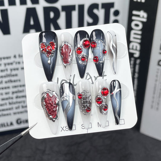 Long-pointed handmade armor dark goth style sweet cool babes nail patch halloween fake nails｜365nails