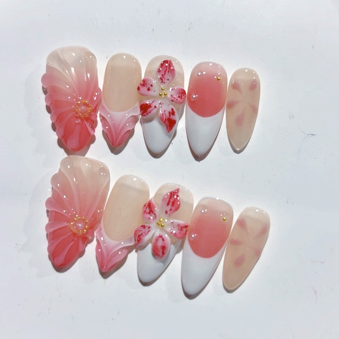 365nails: 코랄 사쿠라 그라데이션 – 미디엄 아몬드형 핑크 꽃무늬 수제 프레스온 네일