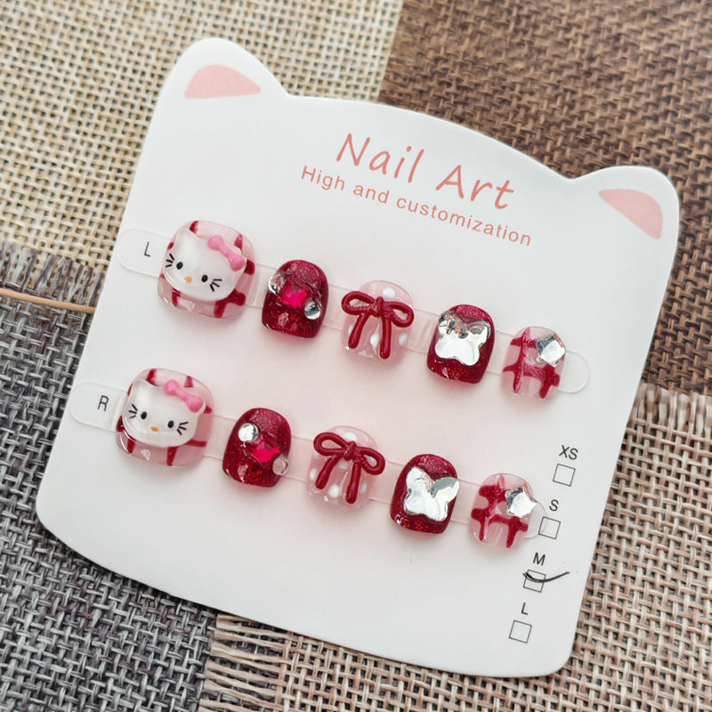 365nails: "ruby plaid hello kitty" – short round handmade kids press-on nails