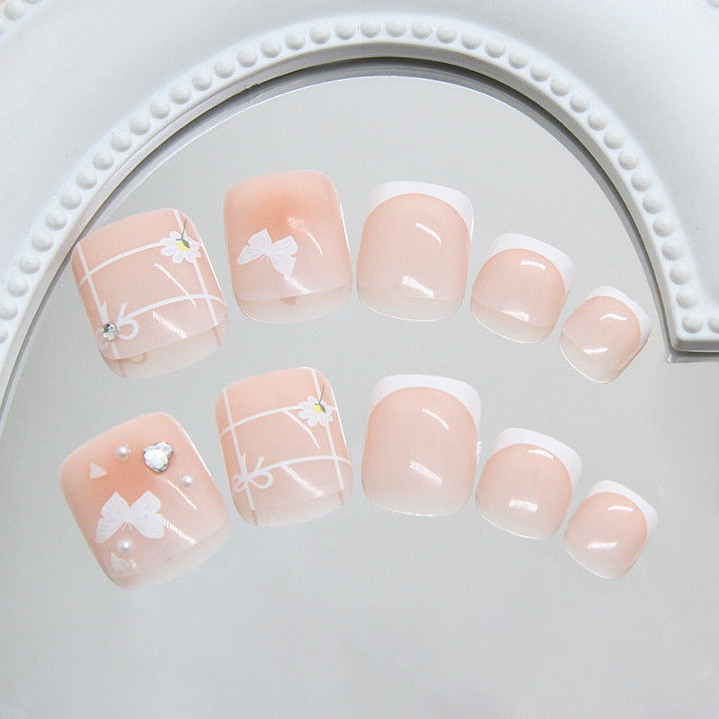 Light Dream White Butterfly Blush Love Flash Diamond Pearl ins Wind Press-on toenails Nail Finished Removable 24 Pieces｜365nails