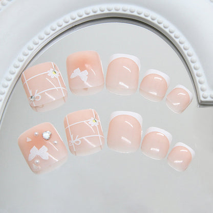 Light Dream White Butterfly Blush Love Flash Diamond Pearl ins Wind Press-on toenails Nail Finished Removable 24 Pieces｜365nails