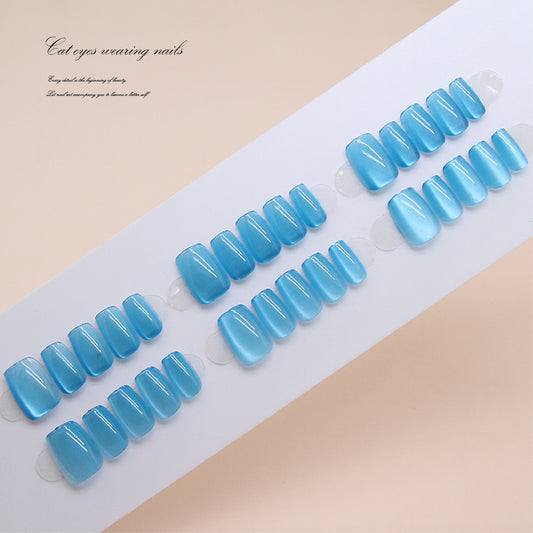 Nail Tips  prefabricated nail, press on nails removable cat eye pure sea blue fairy air nail piece short T nail patch ｜365nails