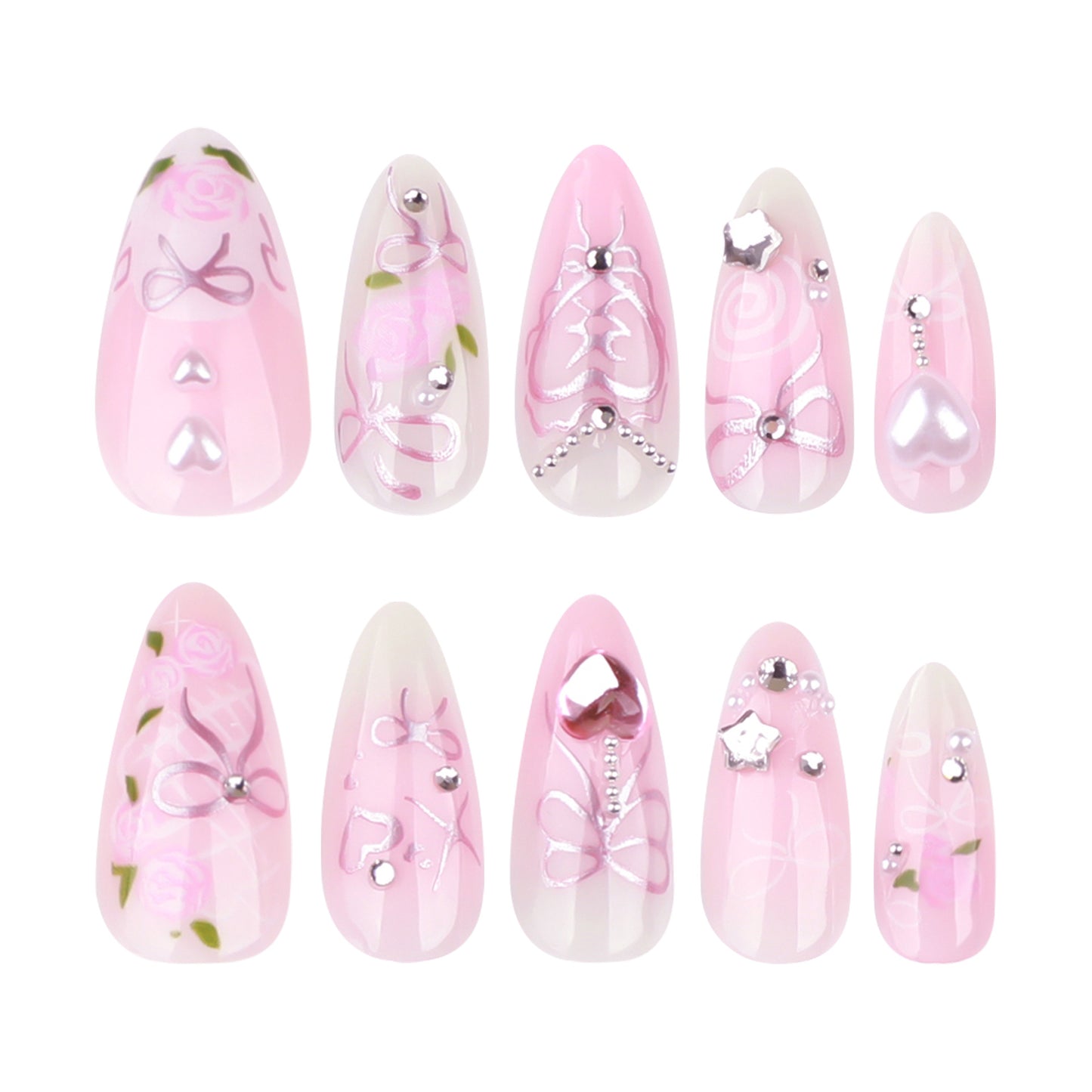 Unhas falsas com diamantes brilhantes e estrelas rosa, produto finalizado em amêndoa curta, atacado ｜365nails