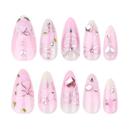 Unhas falsas com diamantes brilhantes e estrelas rosa, produto finalizado em amêndoa curta, atacado ｜365nails