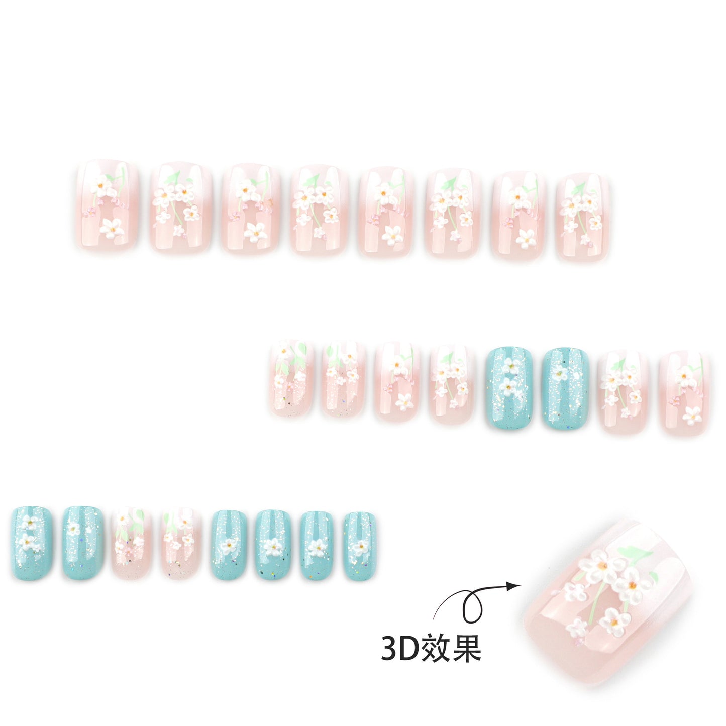 3D fresh flower manicure medium and long white gradual change press on nails fake nail square press on nails wholesale｜365nails