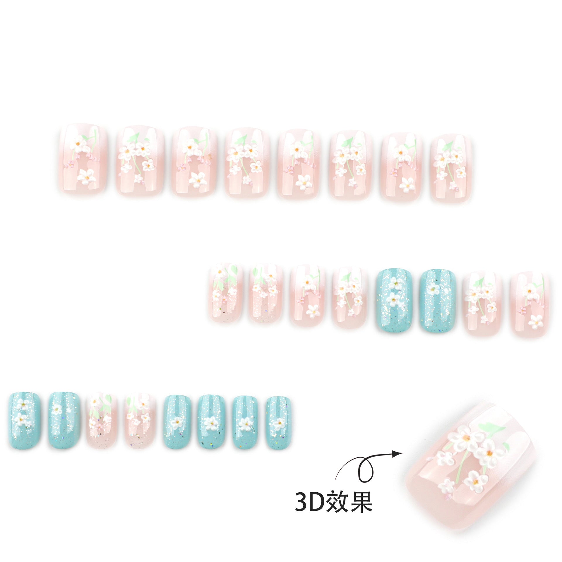 3D立體花卉美甲｜中長款與長款｜白色漸層方形穿戴甲 批發｜365nails