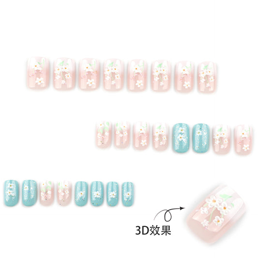 3D fresh flower manicure medium and long white gradual change press on nails fake nail square press on nails wholesale｜365nails