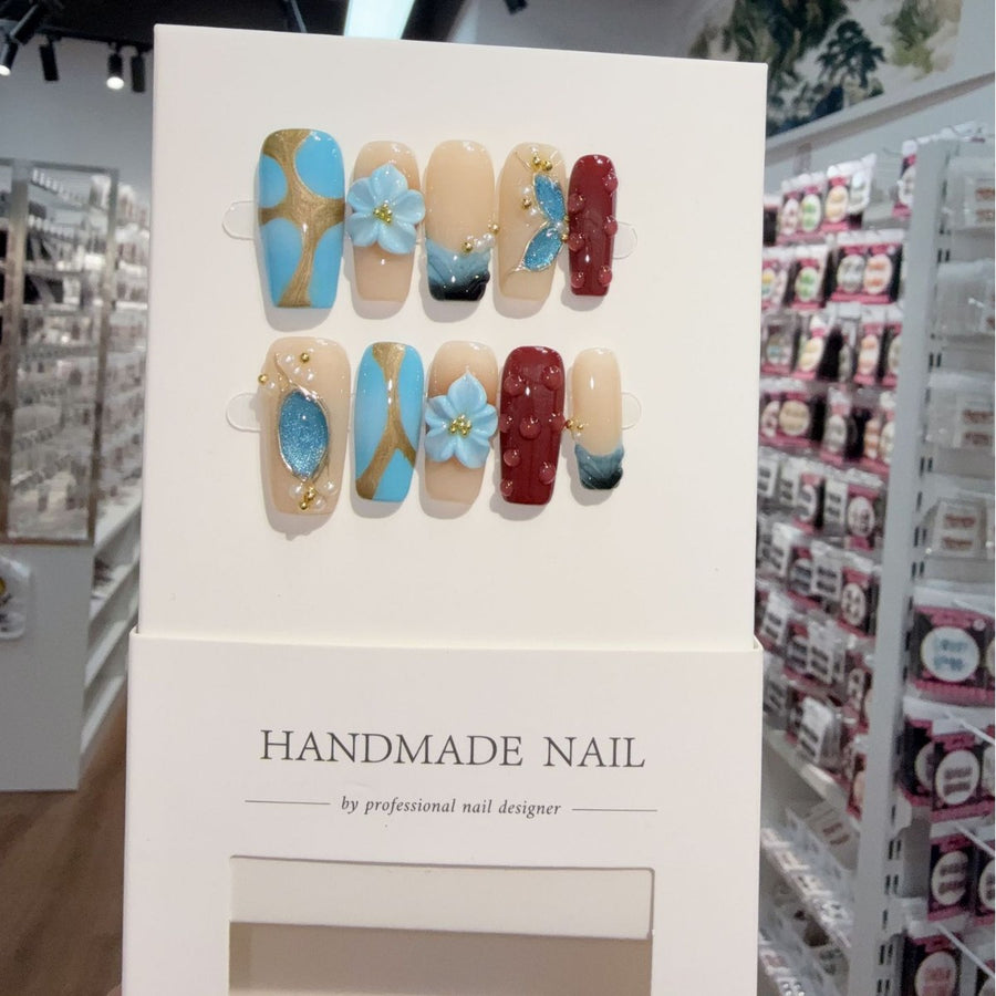 365nails: "Azure Bloom" – 3D Floral Marble Handmade Almond Nails