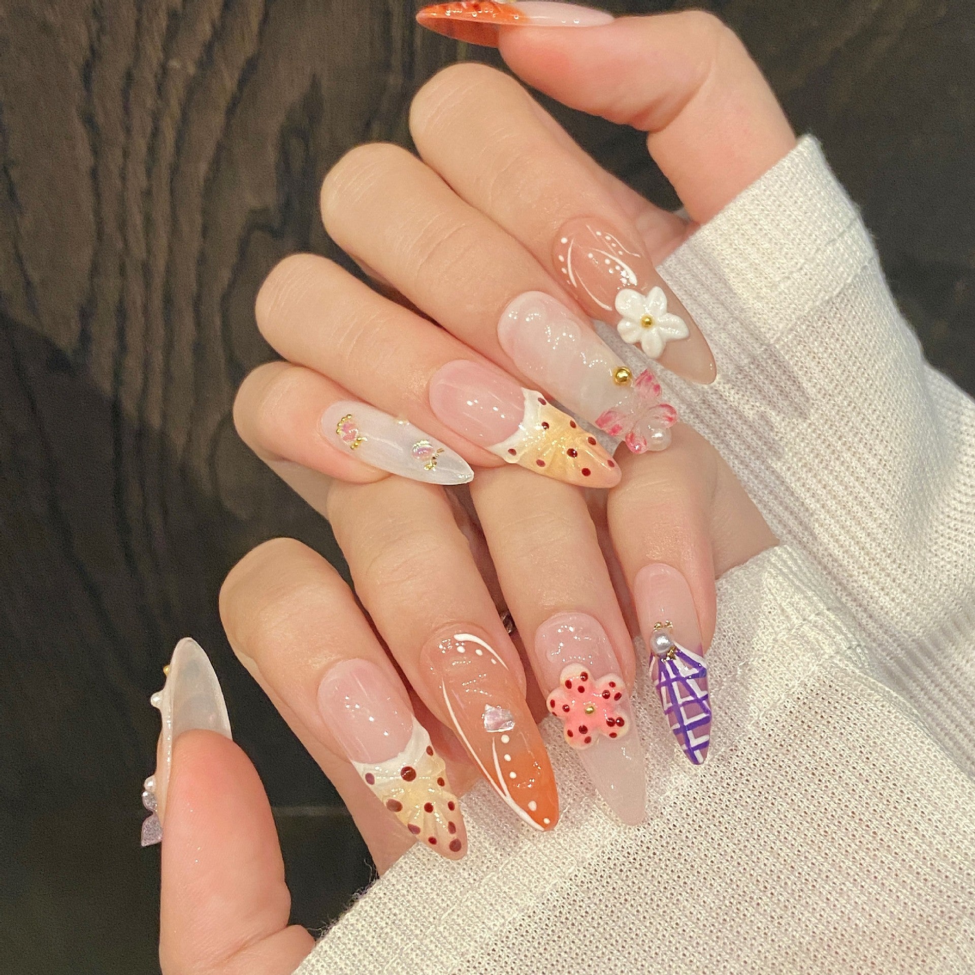 365nails: "Strawberry Summer" – 3D Floral & Plaid Handmade Medium Almond Nails