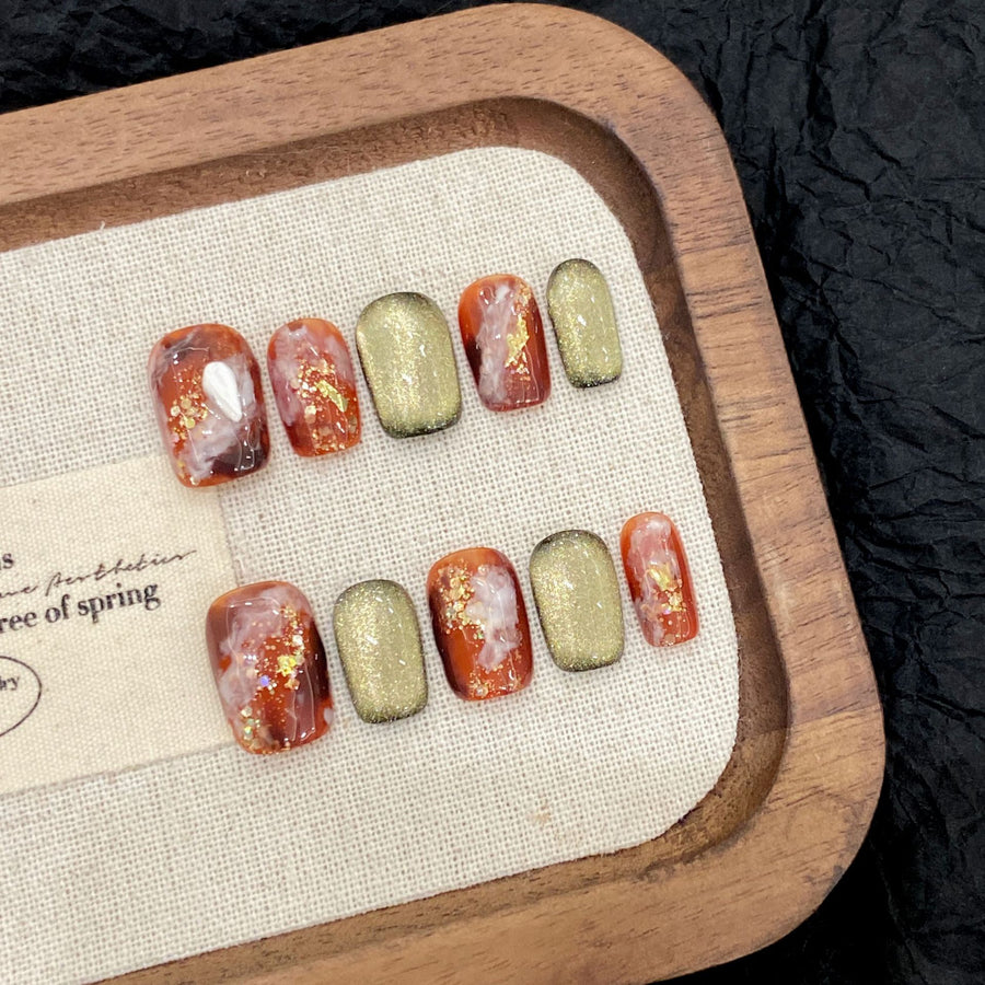 365nails: "Amber Sunset" – Hand-Painted Marble & Gold Foil Short Square Nails
