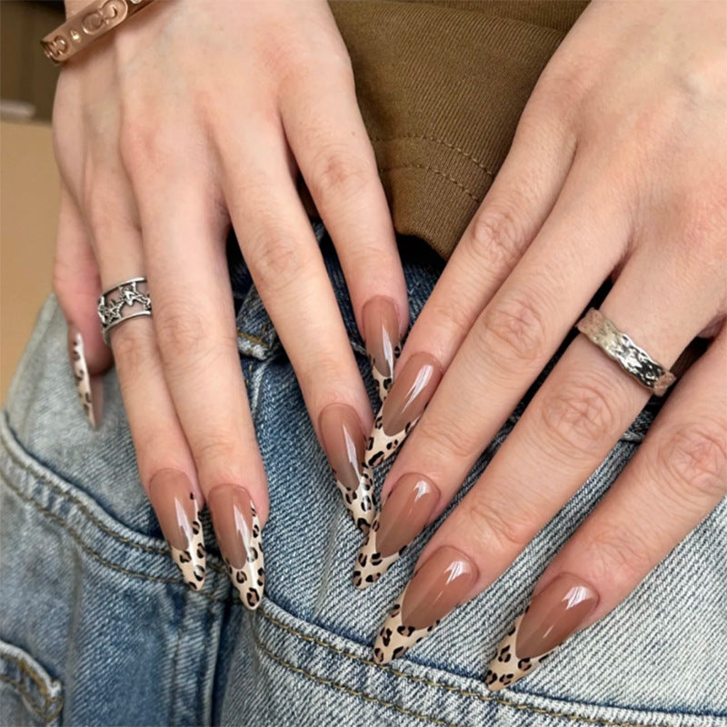 Almond French Leopard press-on nails
