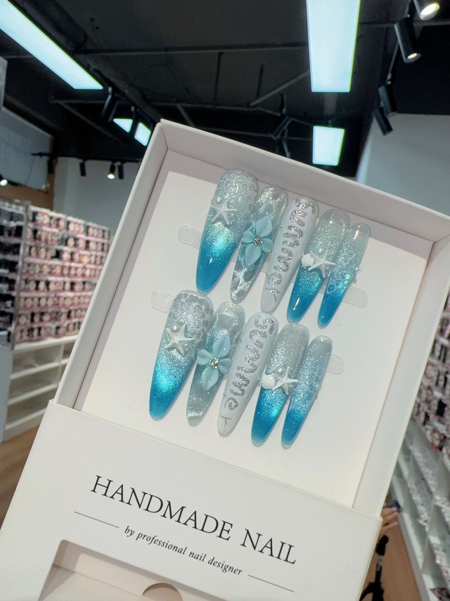 365nails: "Blue Lagoon" – 3D Shell Handmade Stiletto Nails
