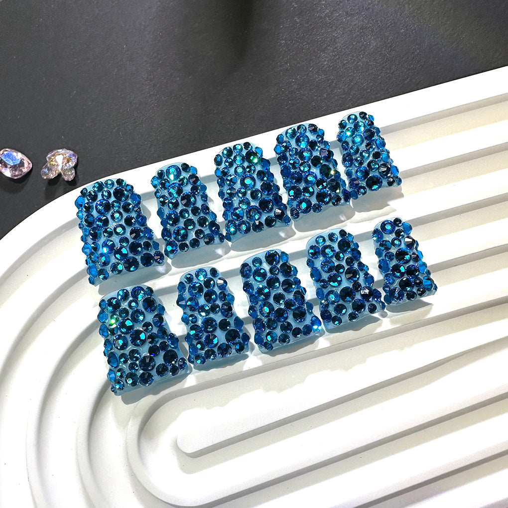 Deep Blue Crystal Nails with Full Sparkle Finish
