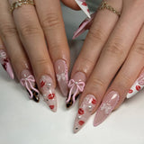 Sweet pink bow red lip print heart press-on nails
