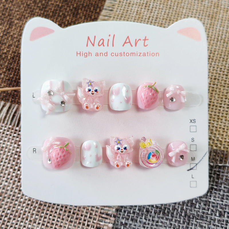 365nails: "pink berry linabell" – short round handmade kids press-on nails
