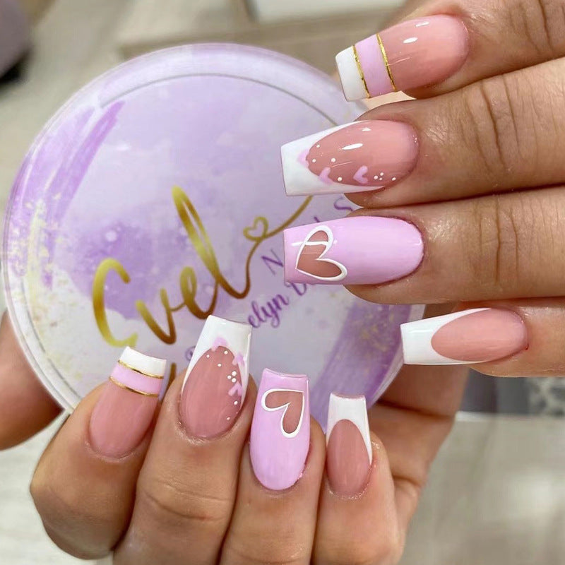 Parche de uña con hilo dorado francés blanco de amor hueco Pieza de uña Producto terminado Desmontable avanzado｜365nails