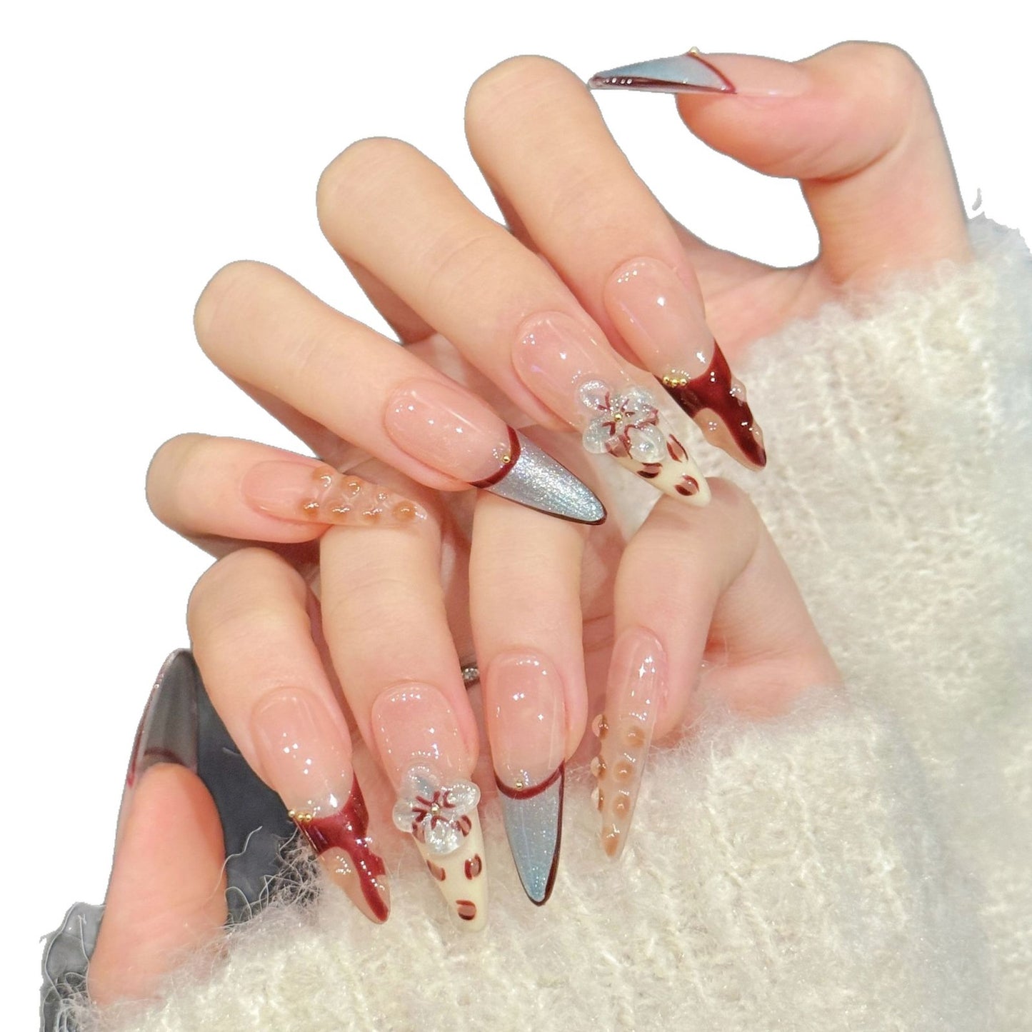 Red Silver Glitter Floral Press On Nails