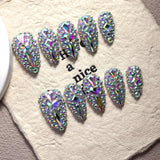 Iridescent AB Crystal Nails with Full Sparkle Glam Look