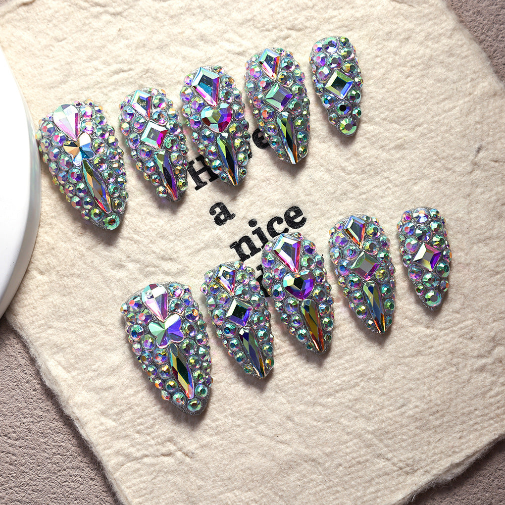 Iridescent AB Crystal Nails with Full Sparkle Glam Look