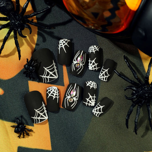 Nail Piece Wearing Nail Halloween Nail Art Black Frosted White Spider Web Rhinestone Nail Art Piece Removable nail｜365nails
