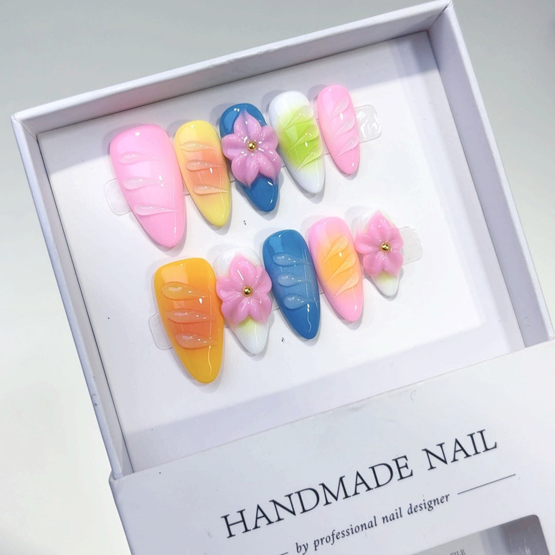 Rainbow Fantasy: "Vivid Floral Echo" – Almond Shape 3D Handmade Press On Nails