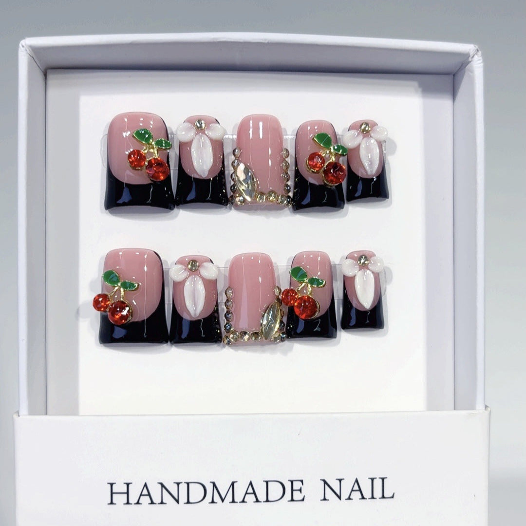 Sweet Cherry: Unhas Postiças Artesanais "Blush Noir" – Formato Bico de Pato