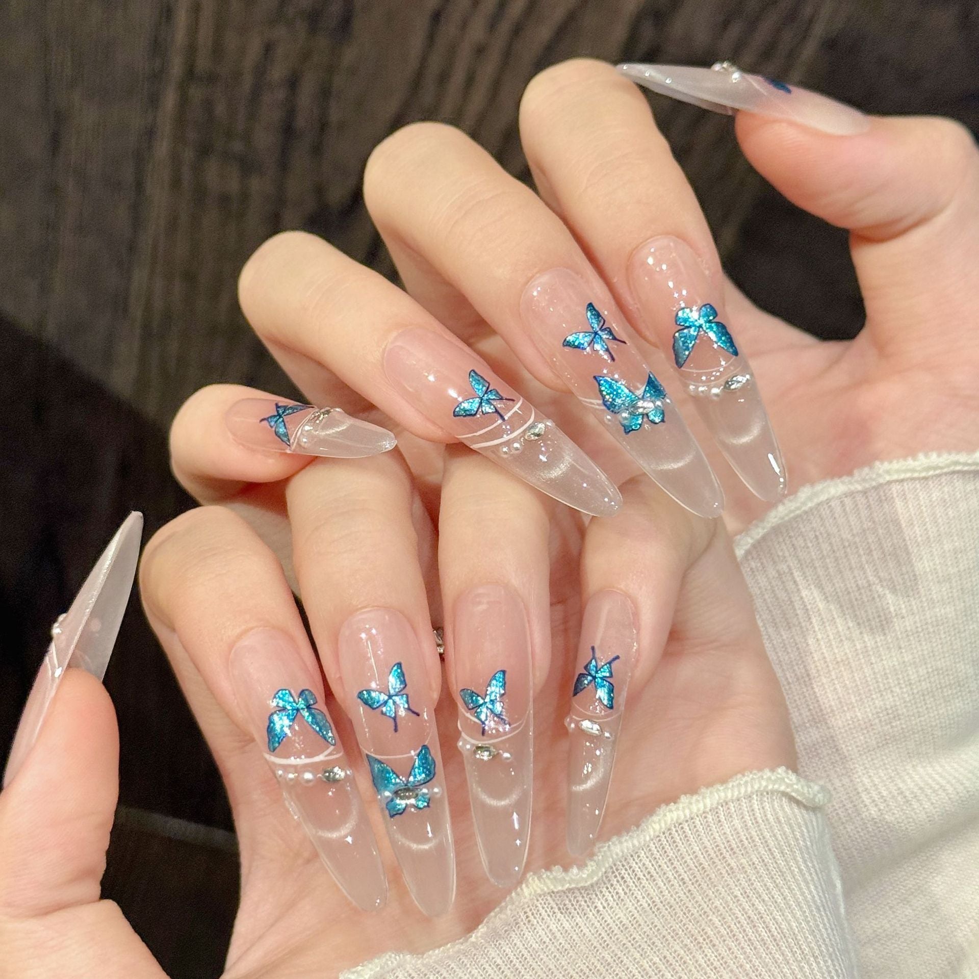 Blue Butterfly Sparkle Nude Pink Elegant Crystal Nails