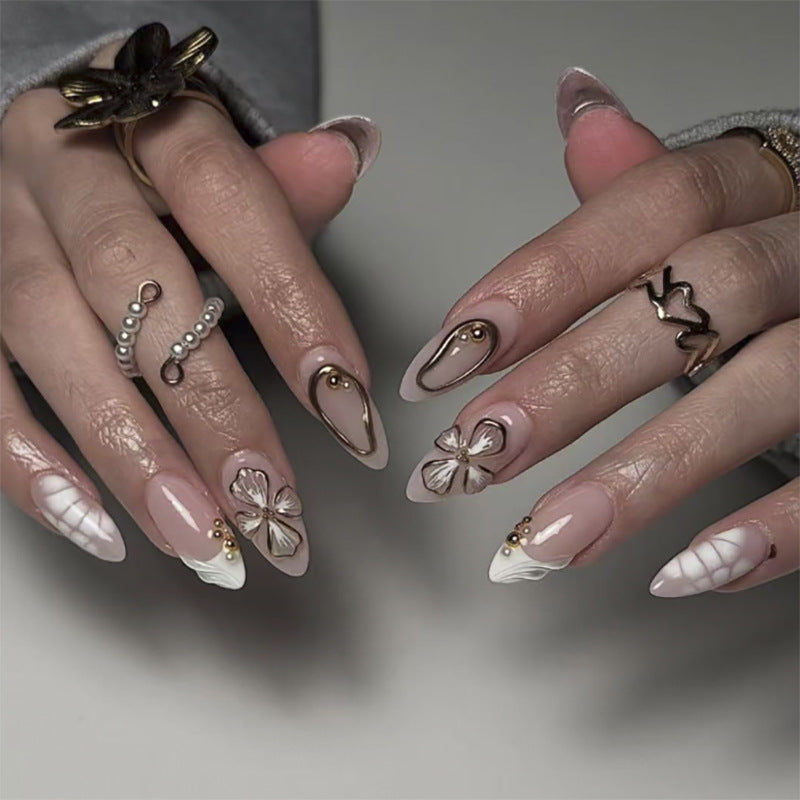 Short almond 3D three-dimensional flower fresh press-on nails