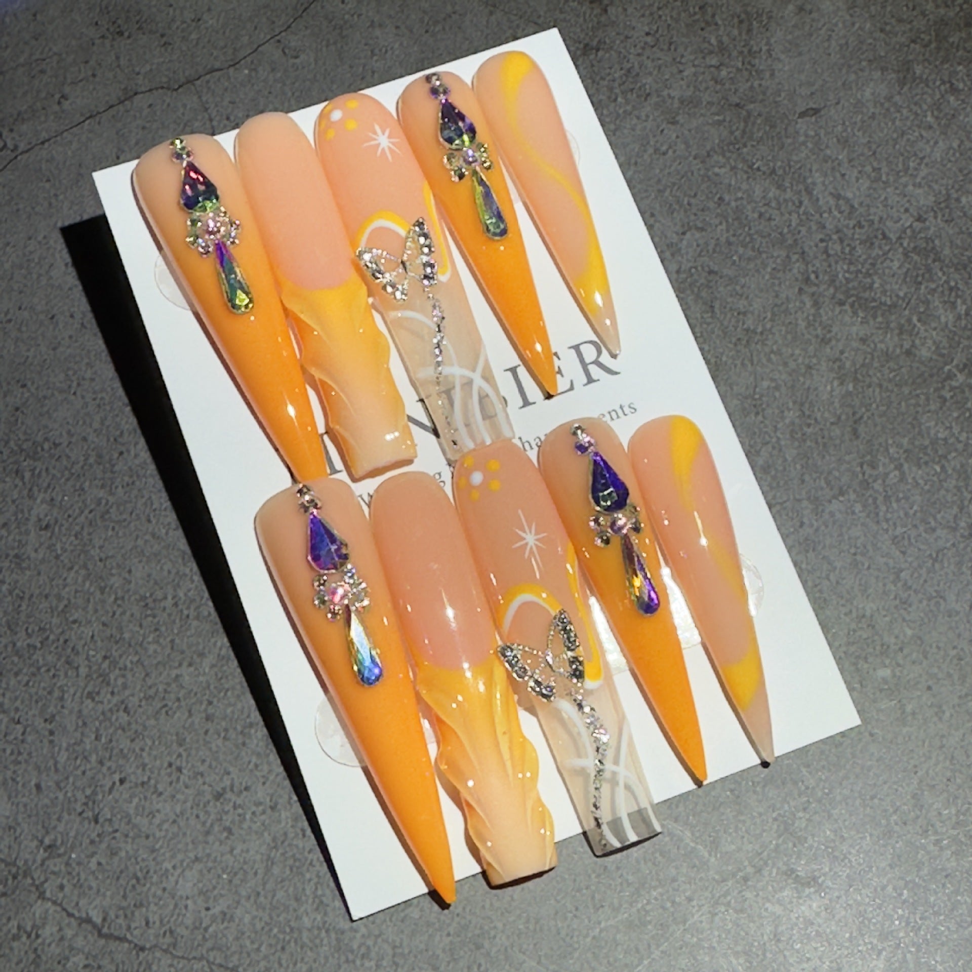 Orange Gradient Butterfly Crystal Stiletto Press On Nails
