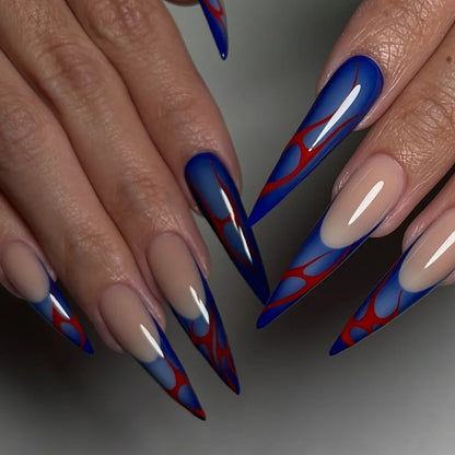 Long extra long pointed fake nail manicure piece French blue wearing nail  red flame pattern nail piece finished product｜365nails