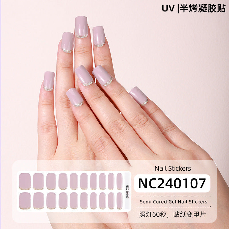 Semi-Cured Gel Nail Strips French Glitter Pink Sparkle Glossy Set (MOQ=3)