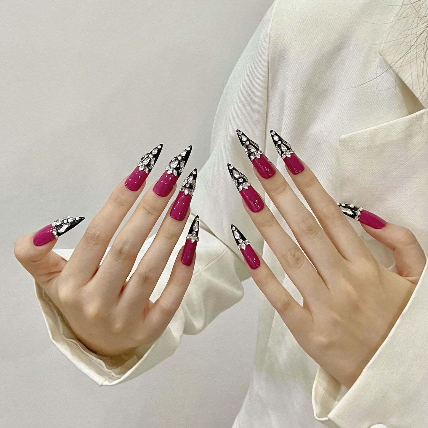 style extra long handmade nails new exaggerated Spice Girl pink liquid silver metal wind removable | 365nails