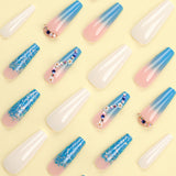 Peça longa de manicure de balé Branco pérola Azul lantejoulas graduais Diamante brilhante Branco outono e inverno ｜365nails