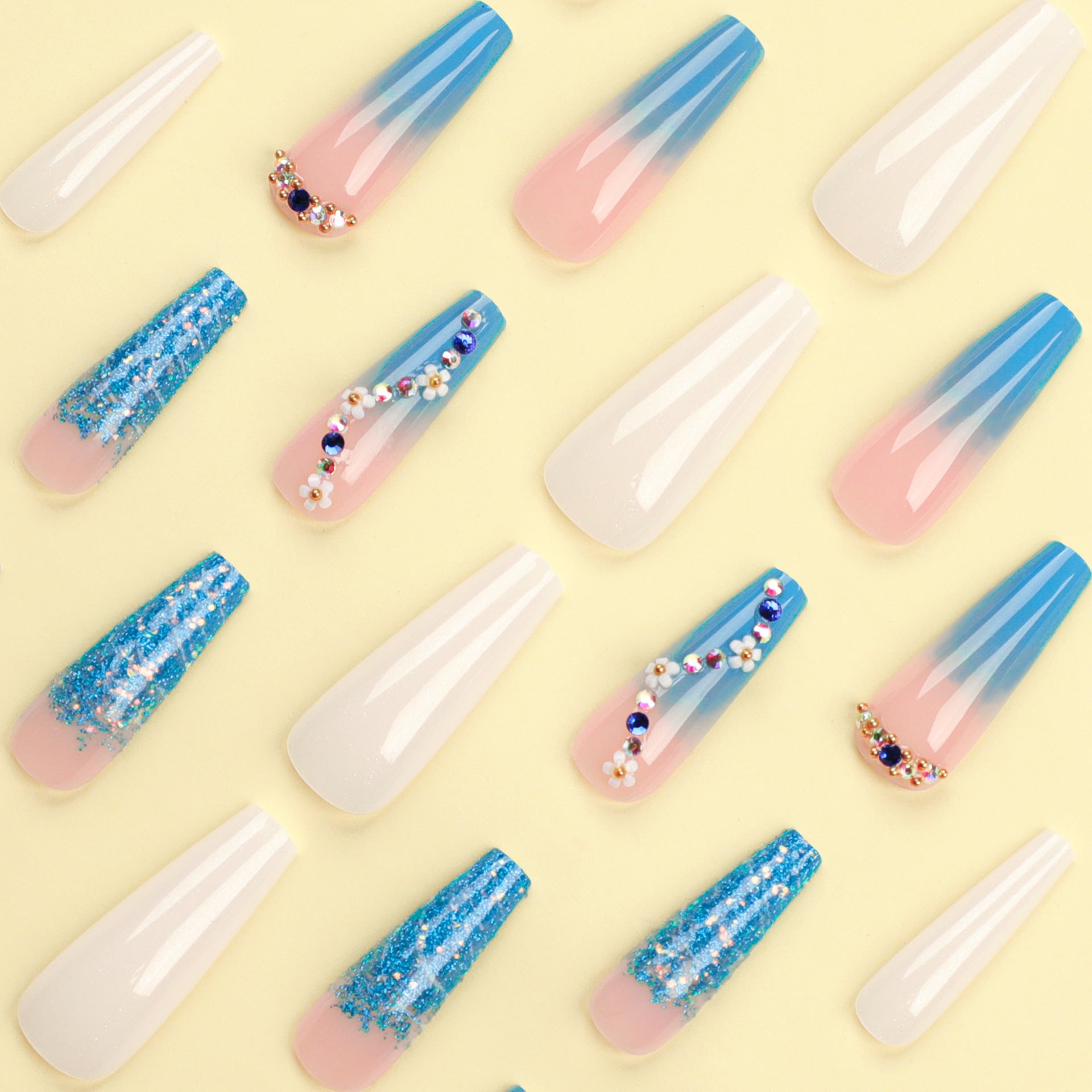 Peça longa de manicure de balé Branco pérola Azul lantejoulas graduais Diamante brilhante Branco outono e inverno ｜365nails