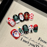 Playful Santa & Christmas Tree Press‑On Nails – Red, Black & White Short Design