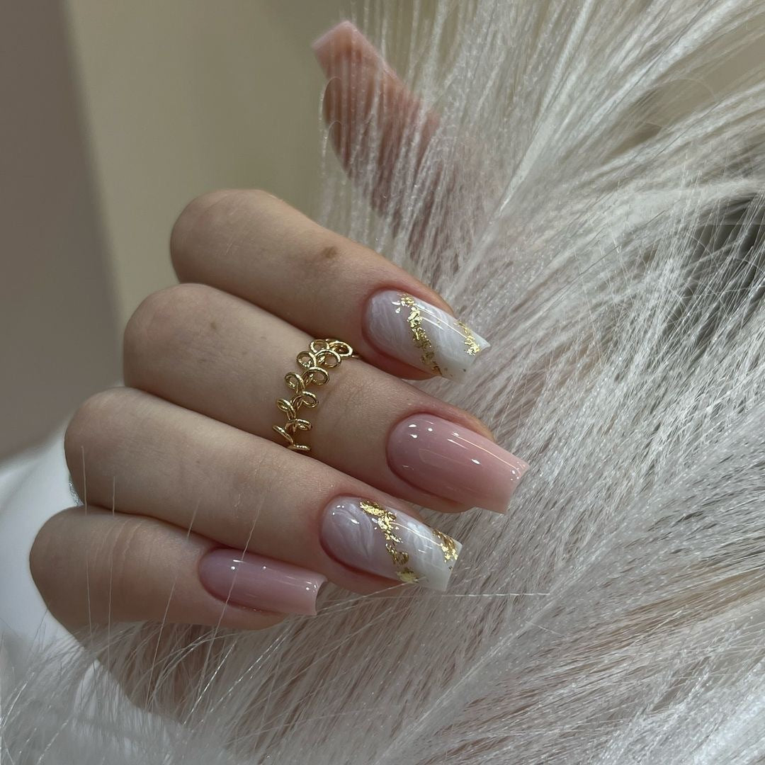 Solid color pink press on nails white smudged gold glitter streamer nail piece finished ballet removable nail art｜365nails