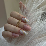 Uñas postizas de color rosa sólido con purpurina dorada difuminada blanca, diseño de bailarina removible | 365nails