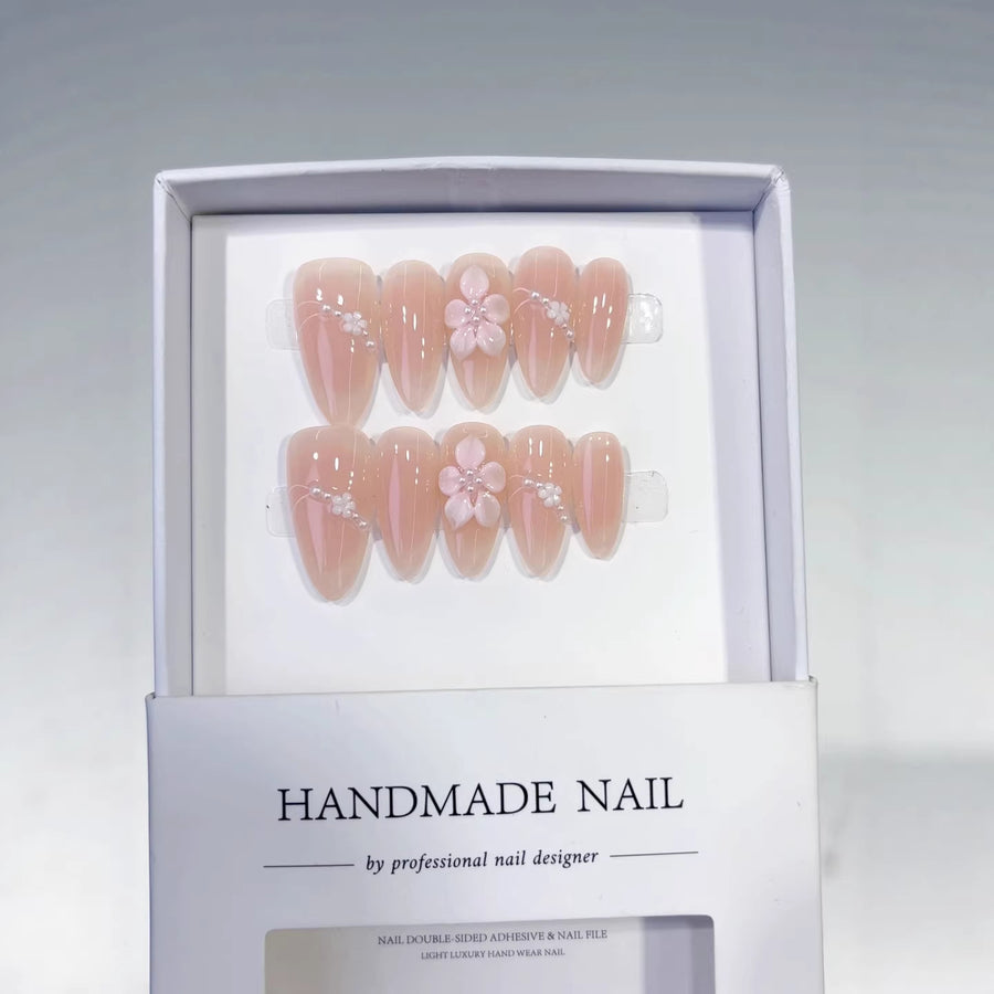 365nails: "Blush Sakura Chain" – Medium Almond Nude-Pink Floral Handmade Press-On Nails