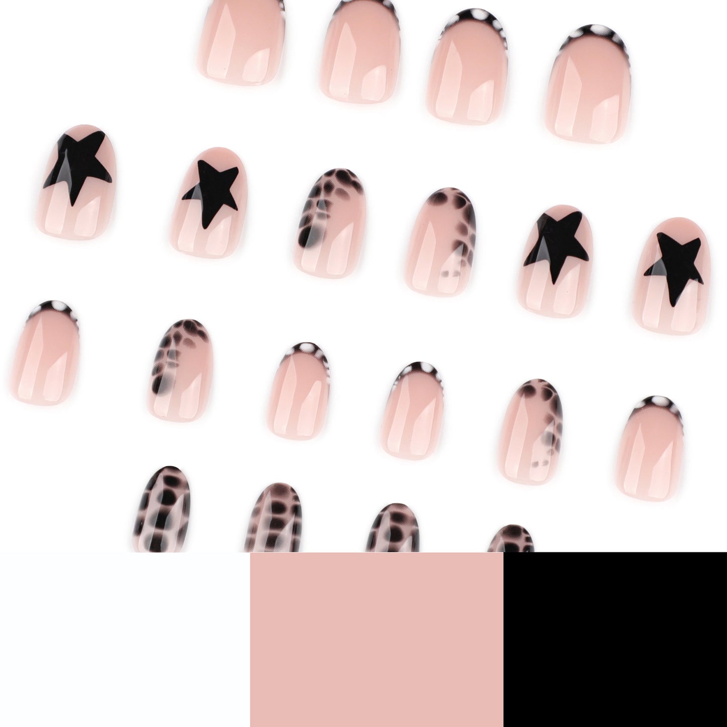 Black White Star Nails with Chic Animal Print Details