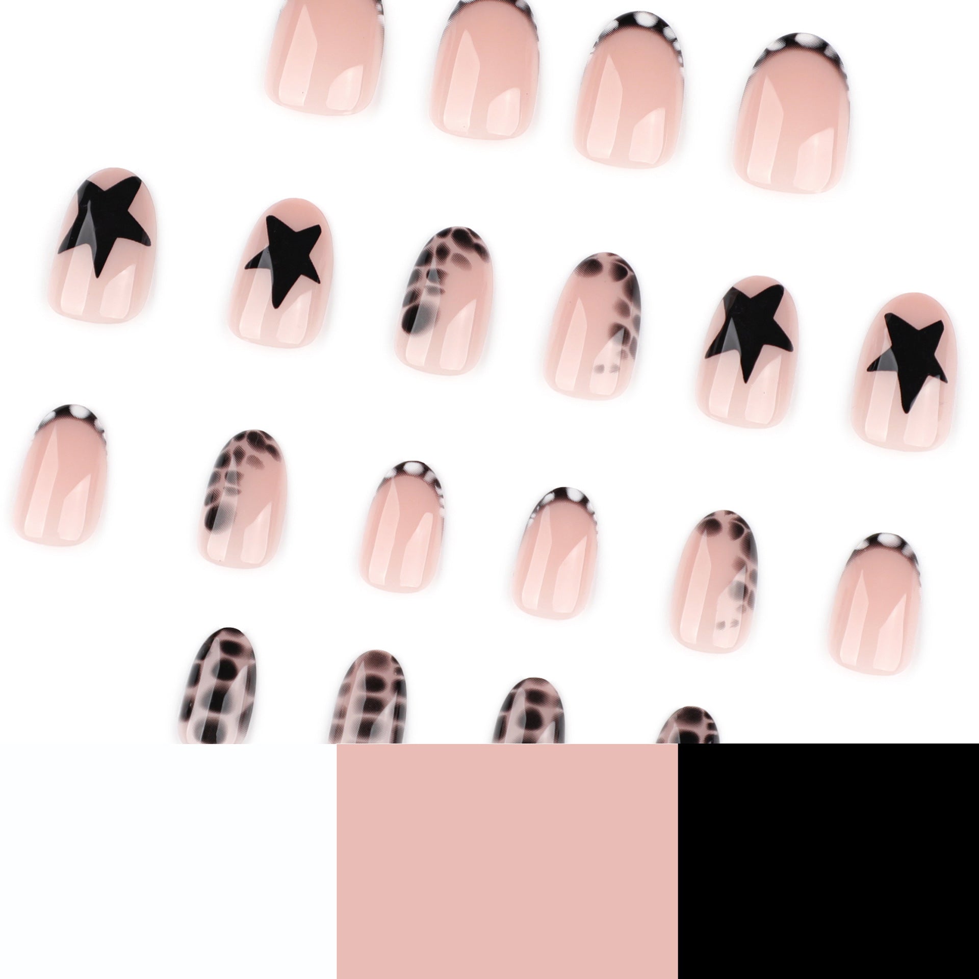 Black White Star Nails with Chic Animal Print Details
