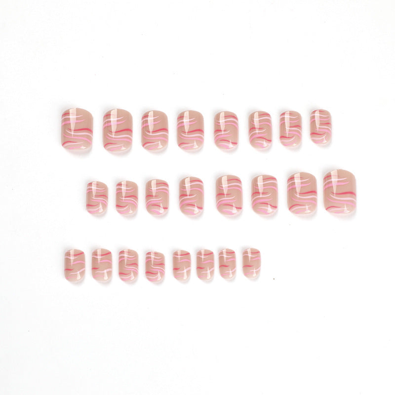 粉紅與紅色對比條紋波浪短款成品穿戴甲 批發｜365nails