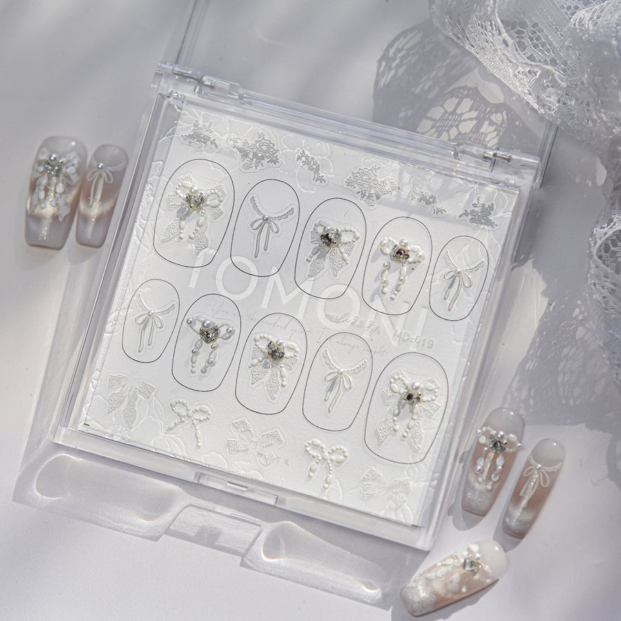 Pearl Bow & Lace Embroidery: "Bridal Crystal Charm" – 5D Embossed Nail Sticker