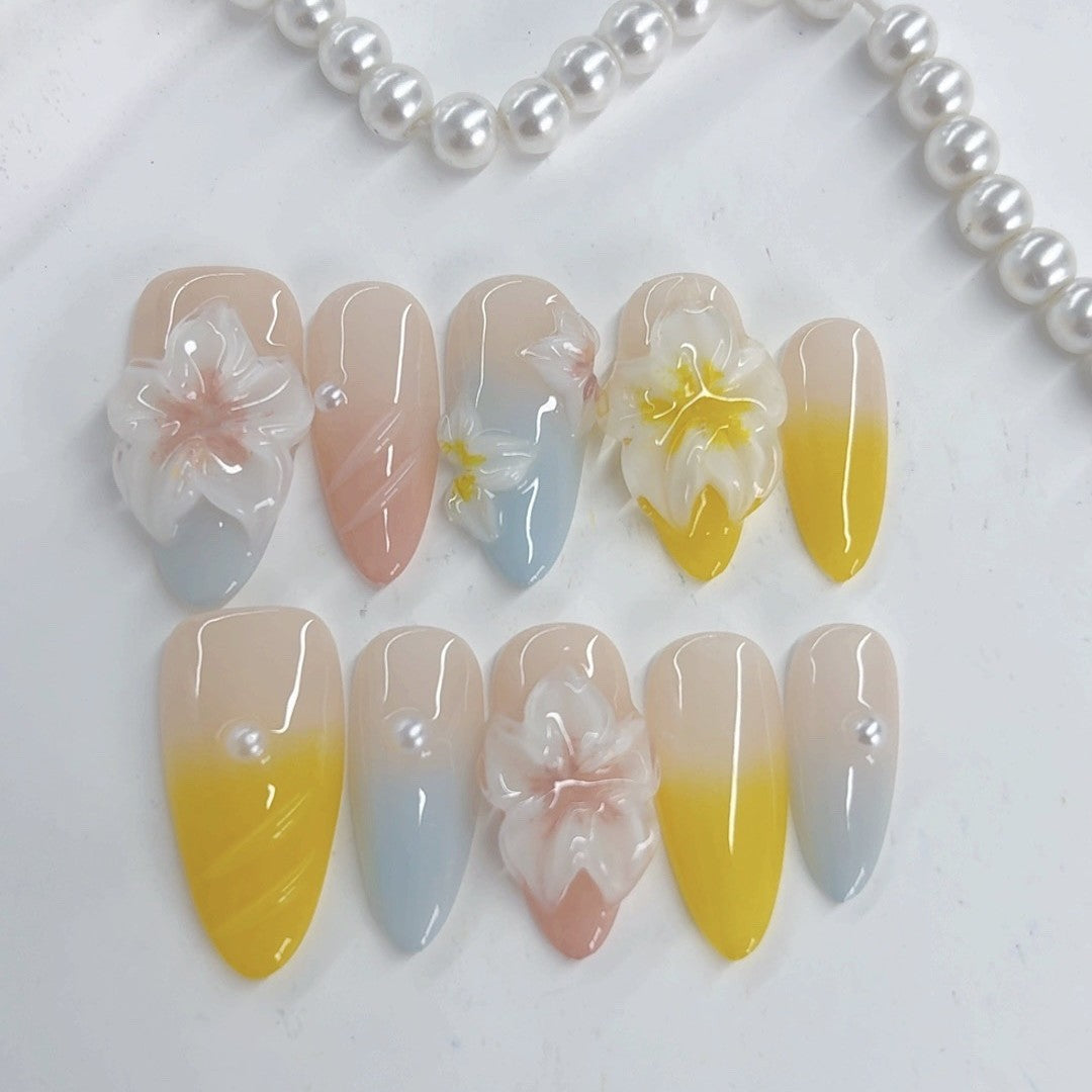 365nails - 粉彩夢境：彩虹花 — 杏仁形 手工製 立體雕刻 穿戴甲