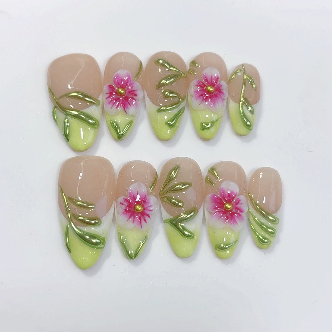 Floraison printanière : "Fleur rose et vigne" – mi-long forme amande fait main ongles press-on