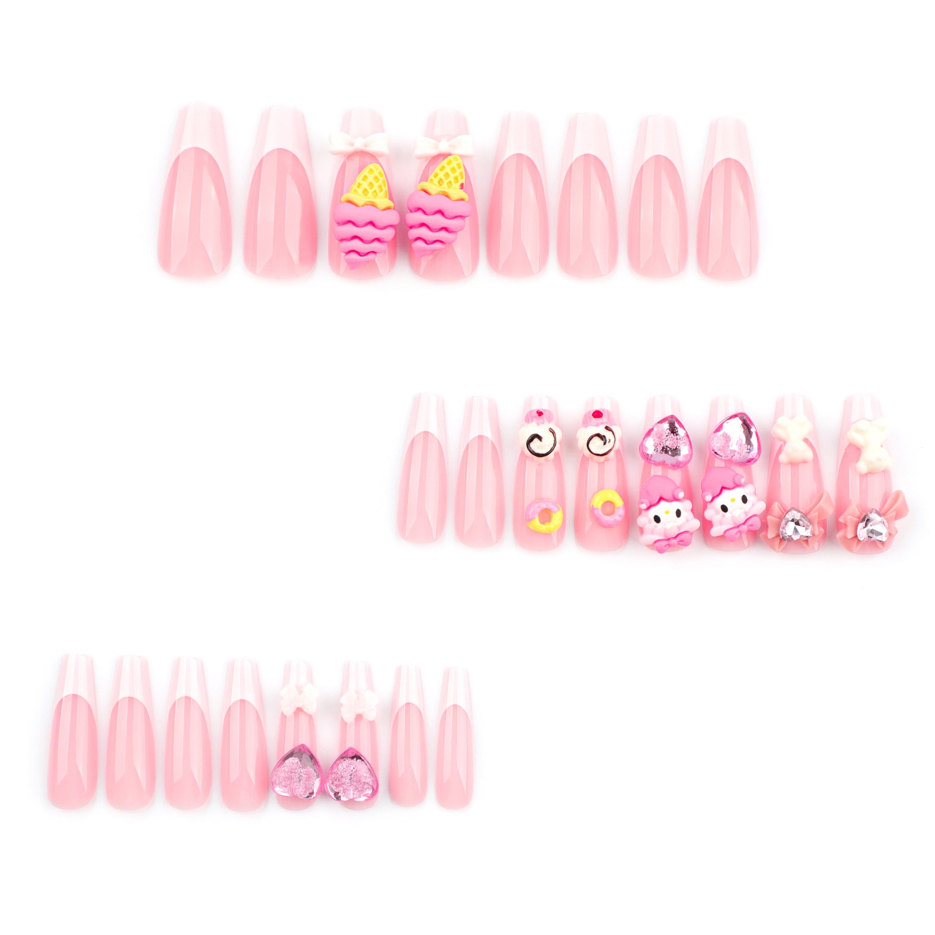 Desenho animado fofo rosa arte de unha cone sorvete laço tridimensional amor flash diamante ｜365nails