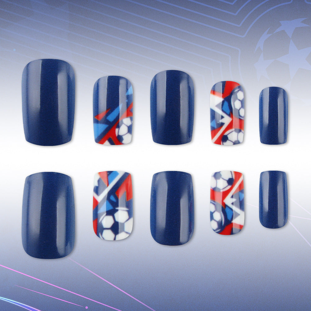 World Cup Dynamic Deep Blue Contrast Football Art Press-On Nails (Glossy/24pcs/Square Oval)